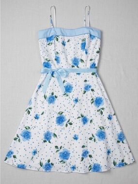 VOV Blue Floral Polka Dot Sundress Ribbon Tie Retro Cottagecore Large
